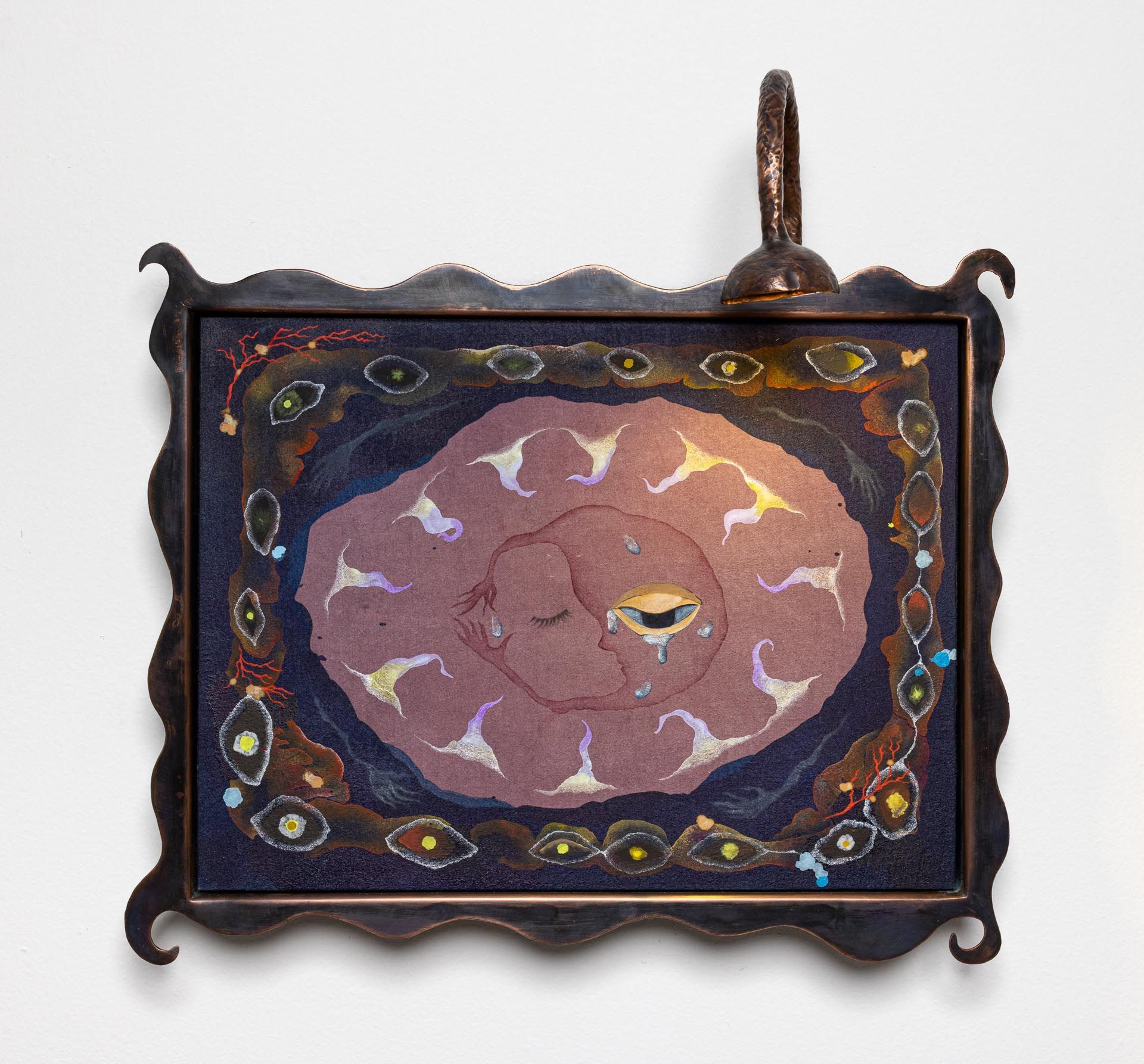 Acrylic, natural pigments, pastel, and cochineal on muslin and copper frame 18.5 x 19 x 7 inches