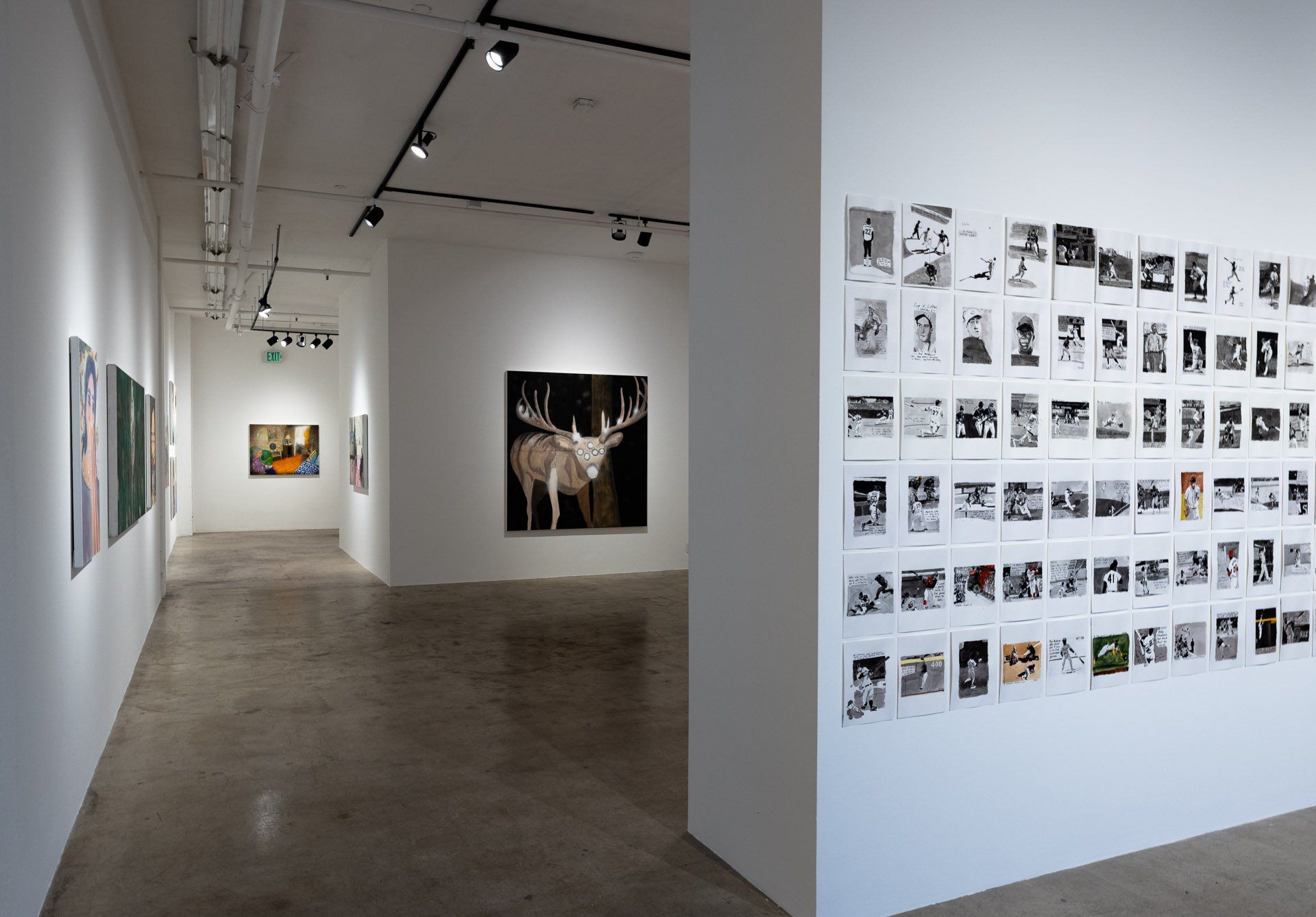A museum with a lot of pictures on the wall and a painting of a deer on the wall.