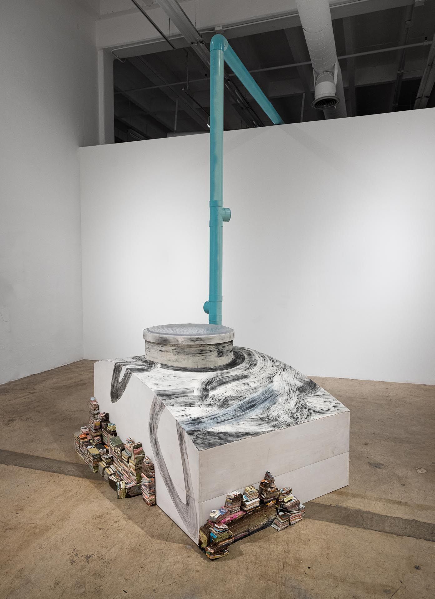 Resin, wood, HD video, flatscreen monitor, acrylic paint, PVC pipe, speakers Dimension variable