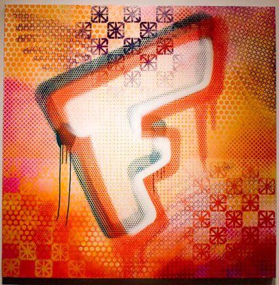 A painting of the letter f on a colorful background