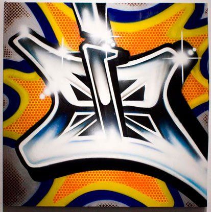 A colorful painting with the letter r on it