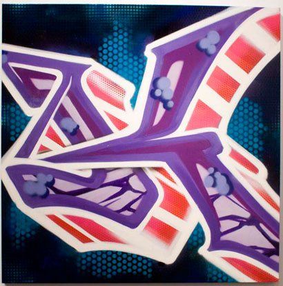 A painting of a purple and red letter k on a blue background