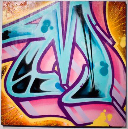 A colorful graffiti painting with the letter a on it