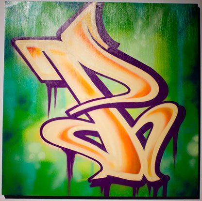 A painting of the letter s on a green background