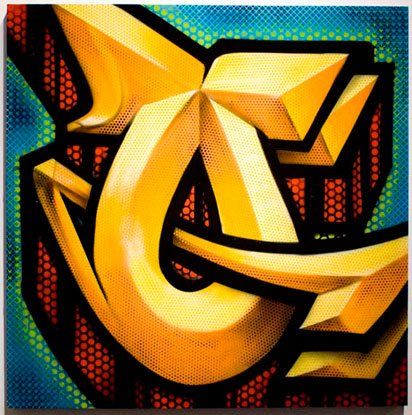 A painting of a yellow letter c on a blue background