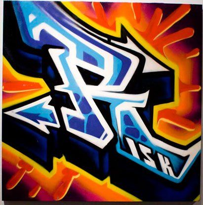 A colorful graffiti painting with the letter r on it