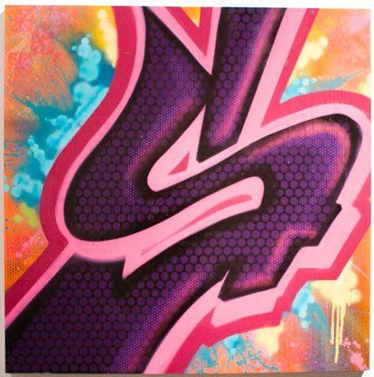 A purple and pink graffiti letter s on a colorful background