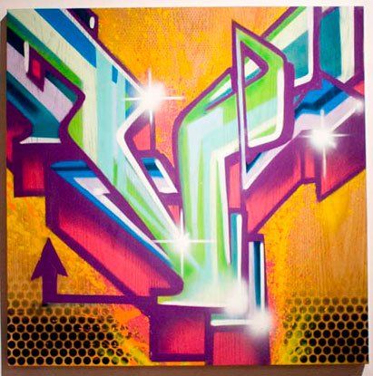 A colorful painting with the letter v on it