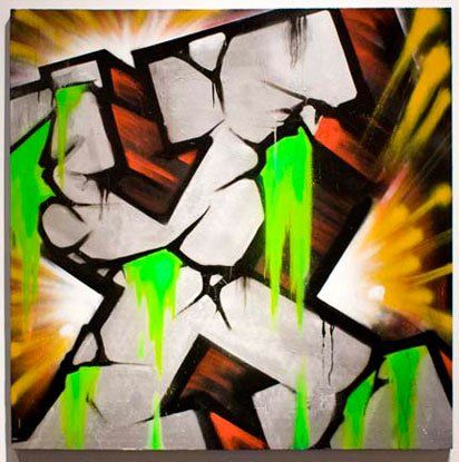 A painting of a fist with green paint coming out of it