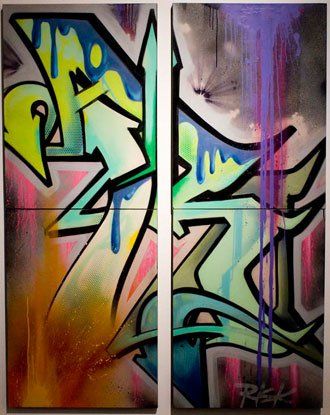 Two paintings with graffiti on them one of which has the letter r on it