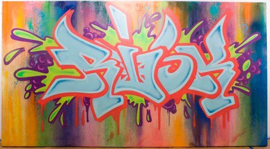 A painting with the word blox painted on it