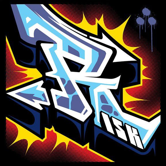 A colorful graffiti drawing of the letter r on a black background