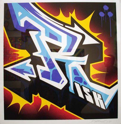 A colorful graffiti drawing with the letter r on it