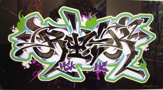 A colorful graffiti drawing with the letters hk on it