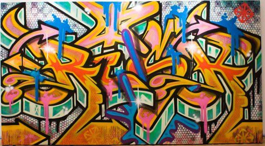A large colorful graffiti painting on a wall