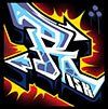 A colorful graffiti drawing of the letter r on a black background