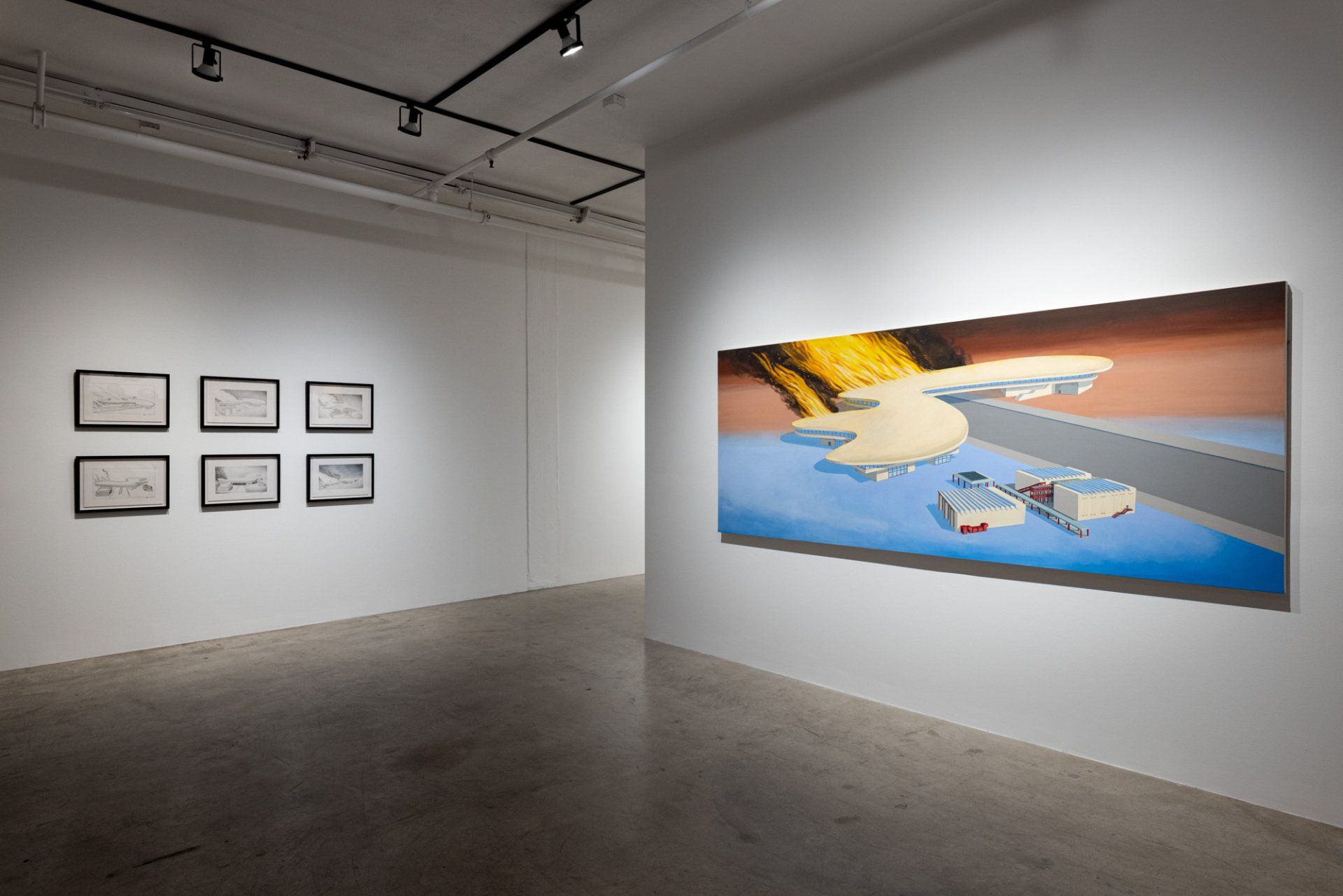 A large painting is hanging on a wall in a museum