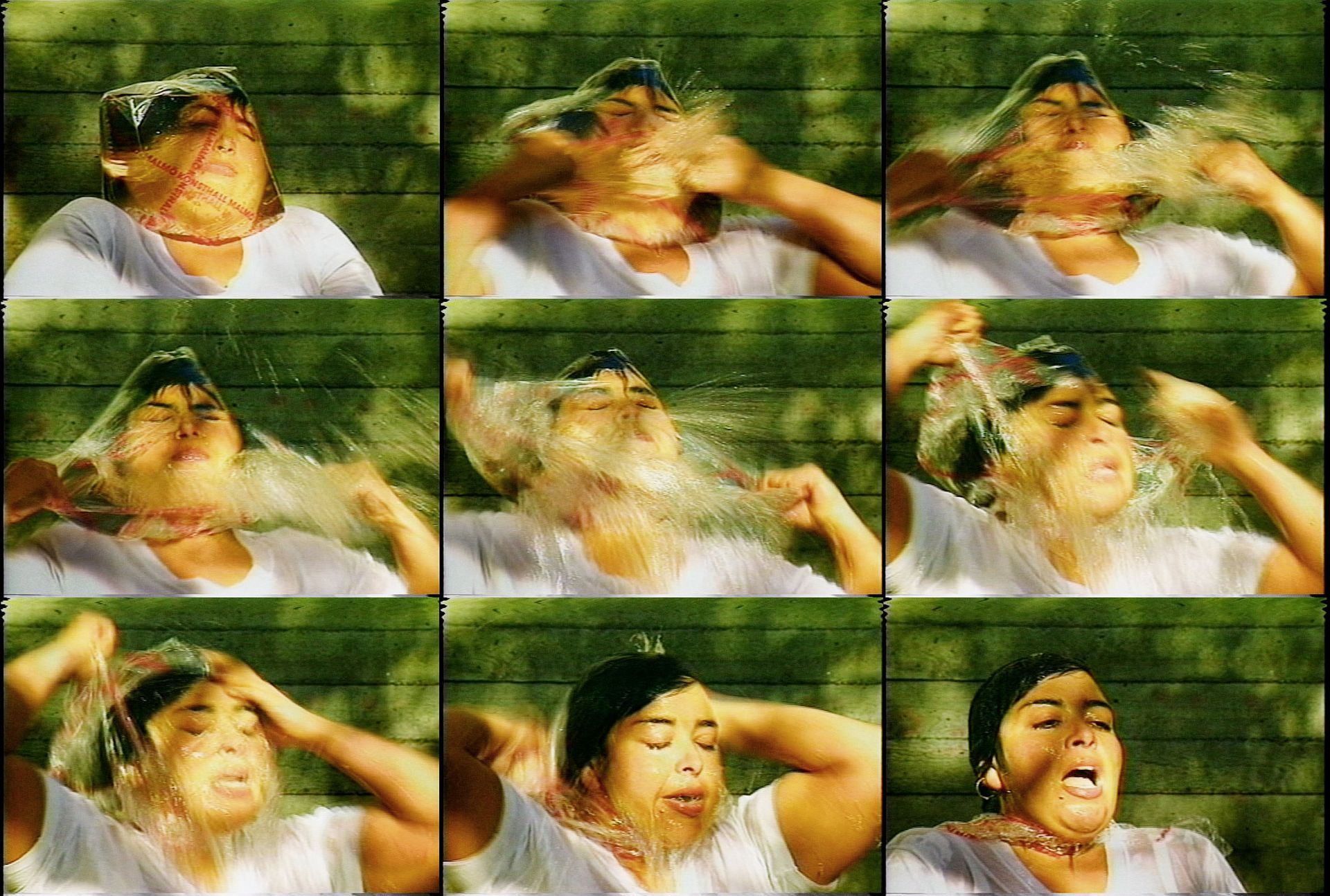 A collage of images of a woman splashing water on her face