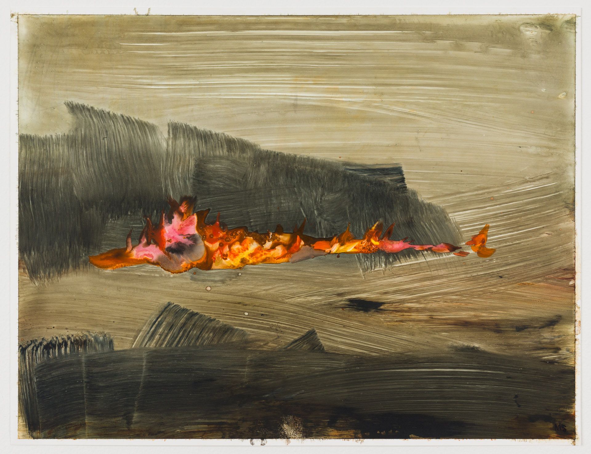 A painting of a landscape with a fire in the middle of it.