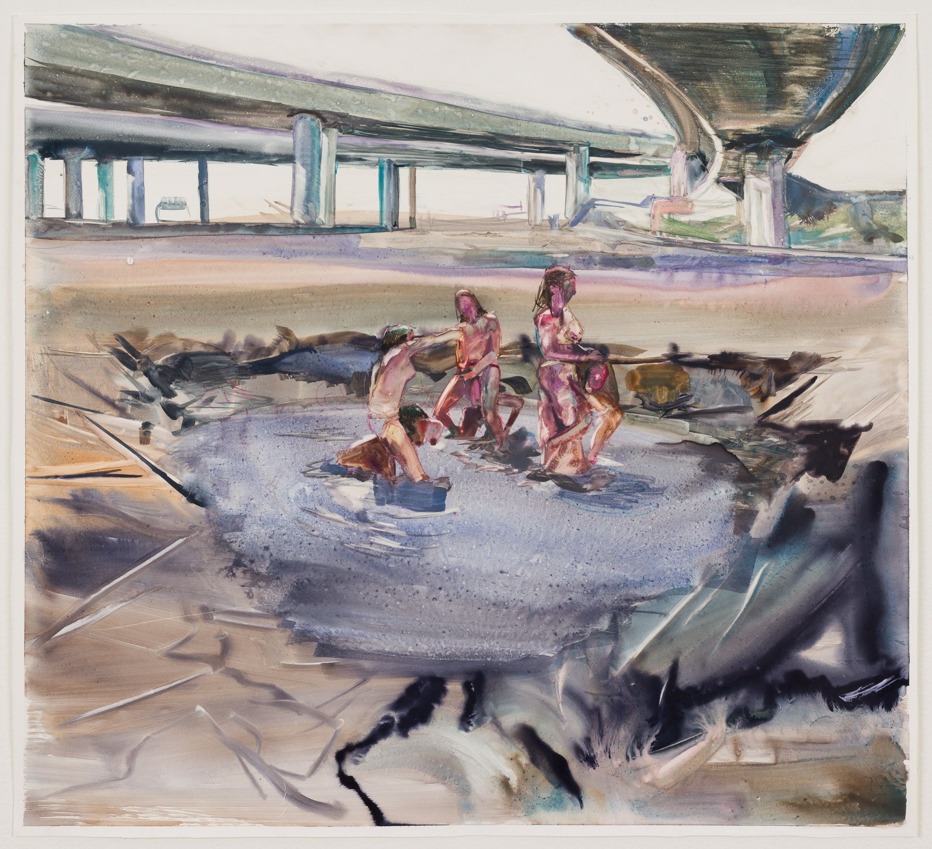 A painting of people playing in a puddle under a bridge