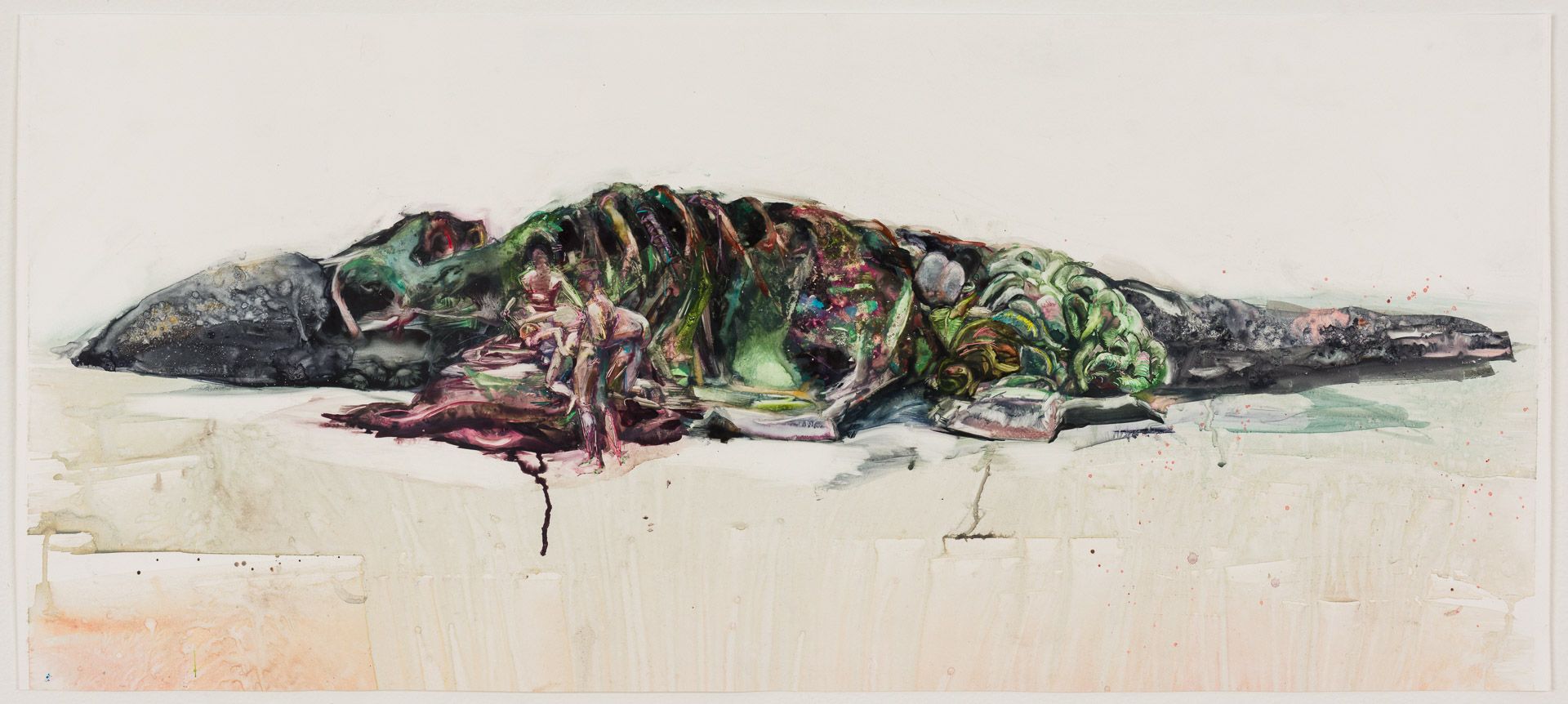 A painting of a decomposing whale on a white background.