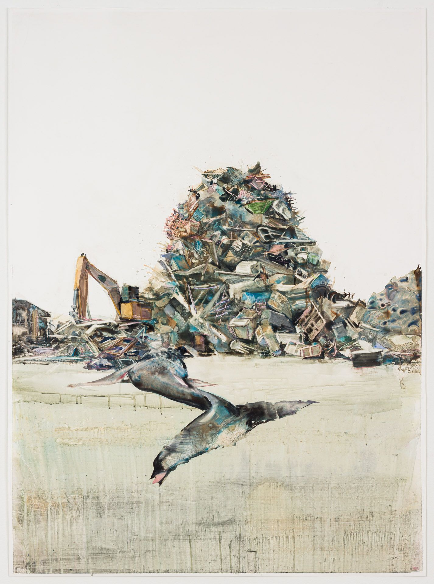A painting of a whale lying in front of a pile of trash.