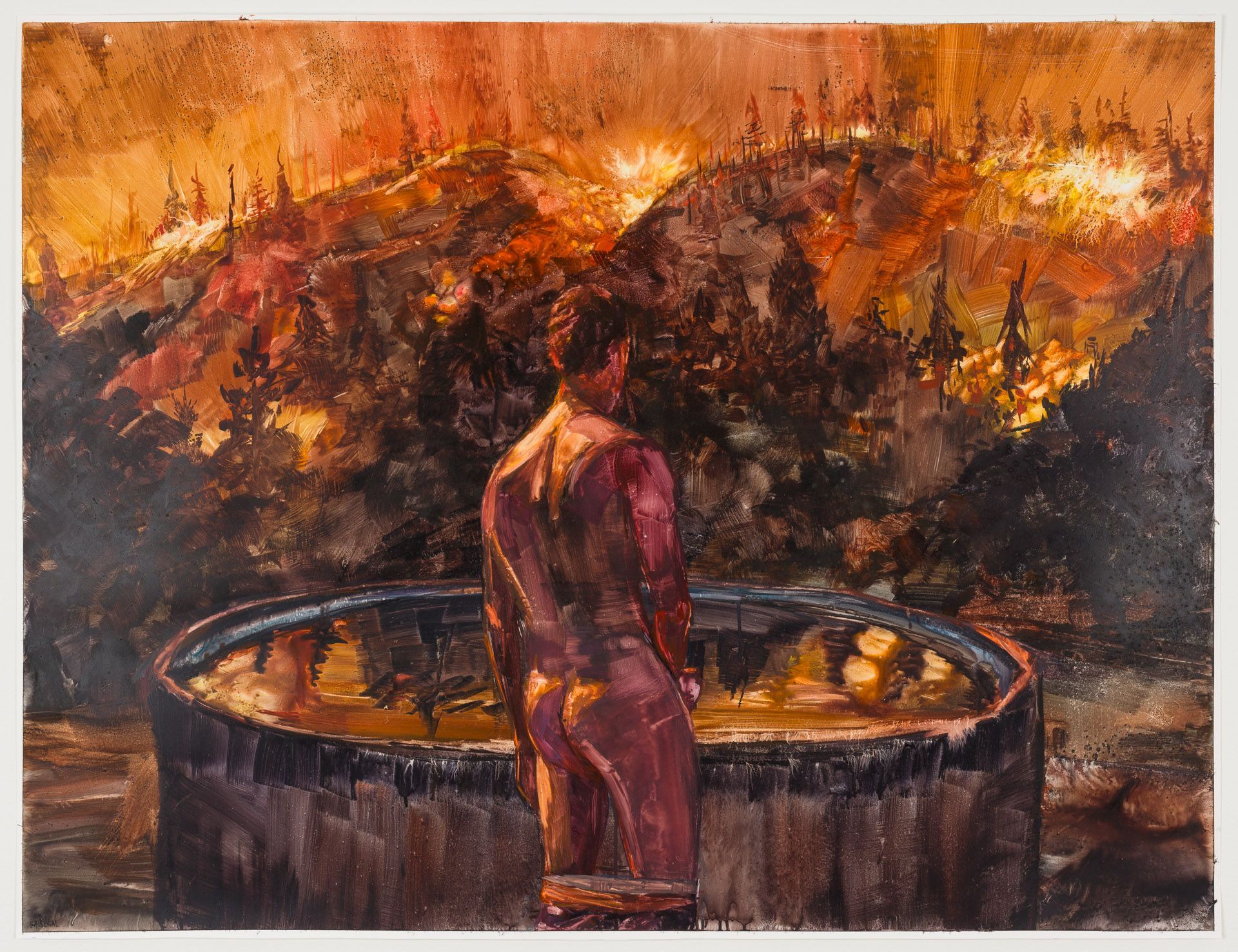 A painting of a man standing in front of a hot tub looking at a fire.