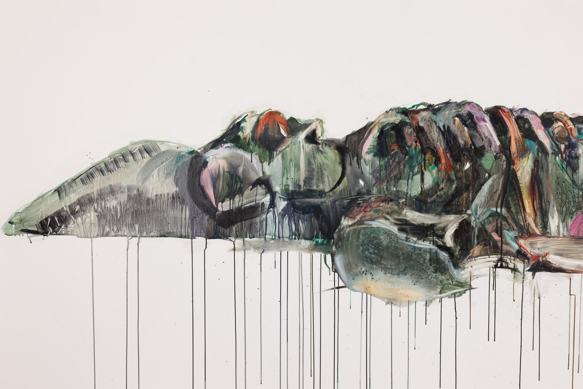 It is a painting of a whale with a lot of paint dripping from it.