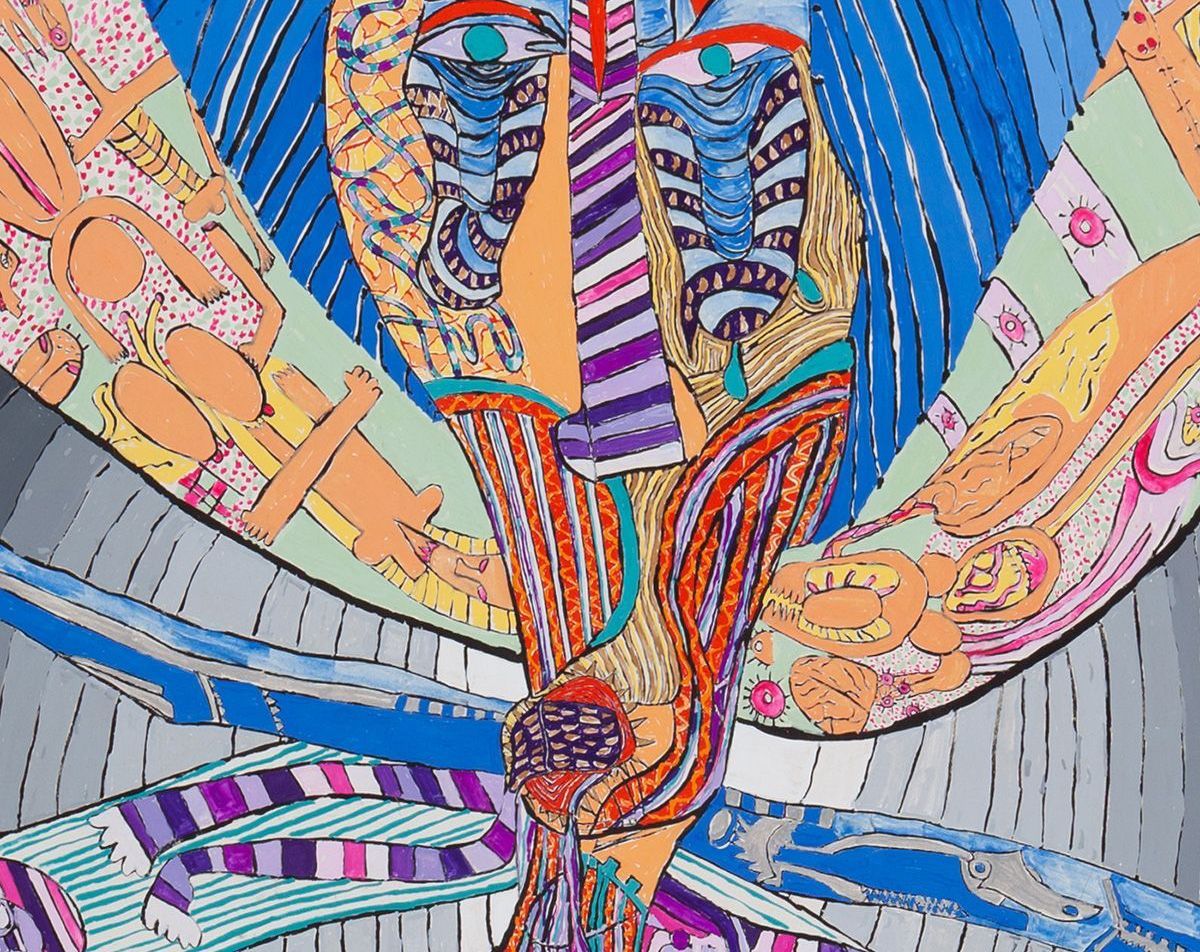 A colorful painting of a woman 's torso and legs