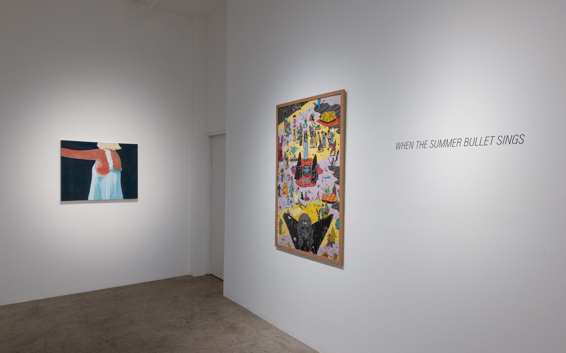 Gallery wall with two colorful artworks on white walls and a gray floor. Summer Bullet Sings, an exhibition of thirty-five artists organized by gallery director Sean Meredith and curator Diana Sardaryan
