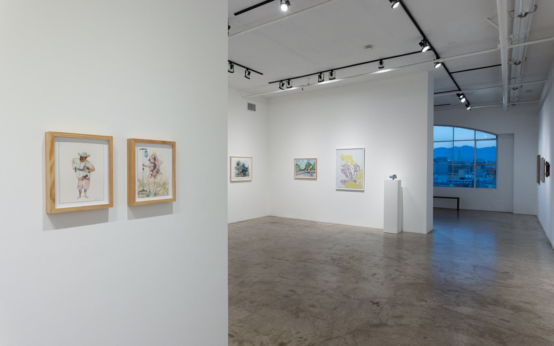 Art gallery with framed pastel drawings on white walls and polished concrete floors. Summer Bullet Sings, an exhibition of thirty-five artists organized by gallery director Sean Meredith and curator Diana Sardaryan.