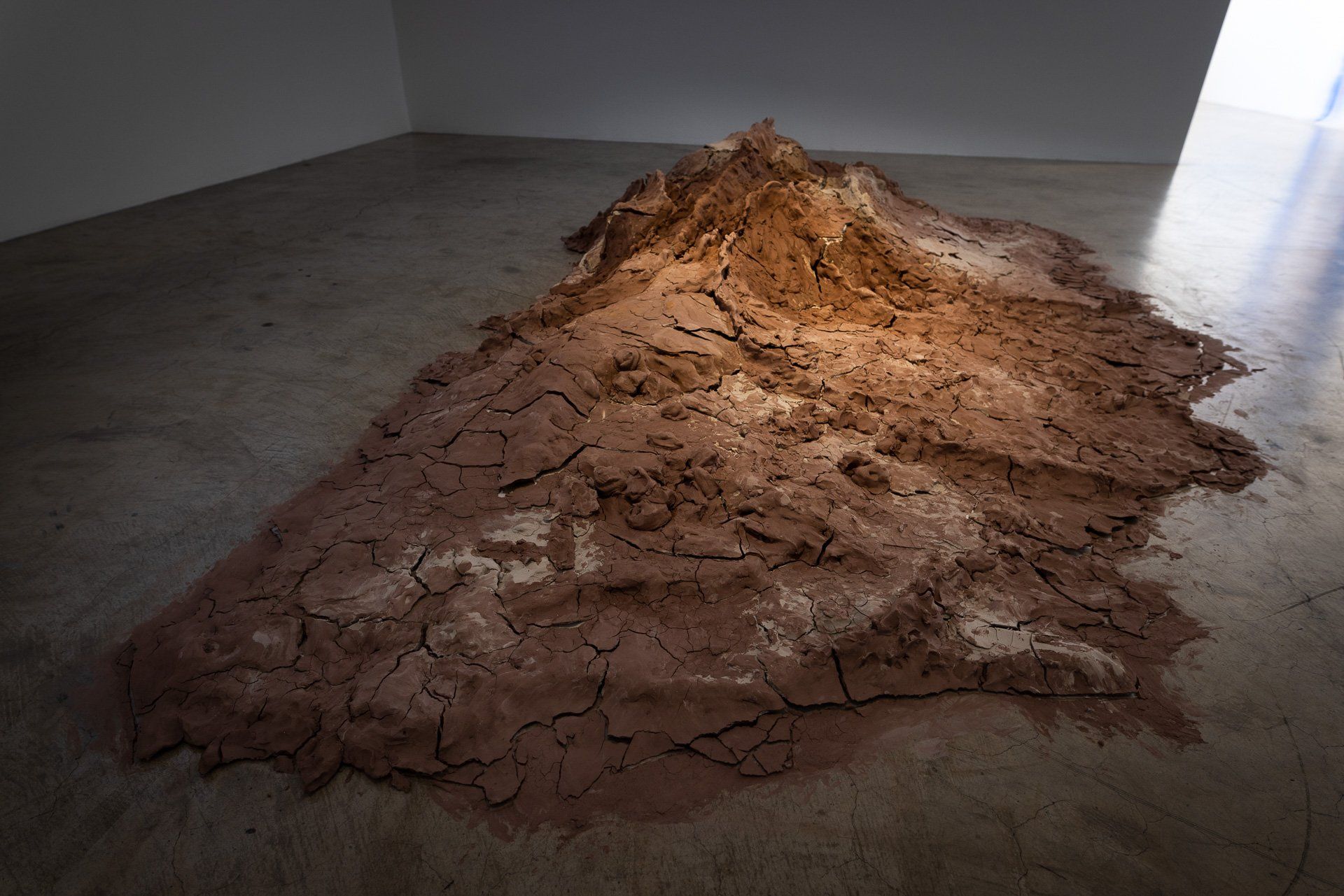 A large piece of dirt is sitting on the floor in a room.