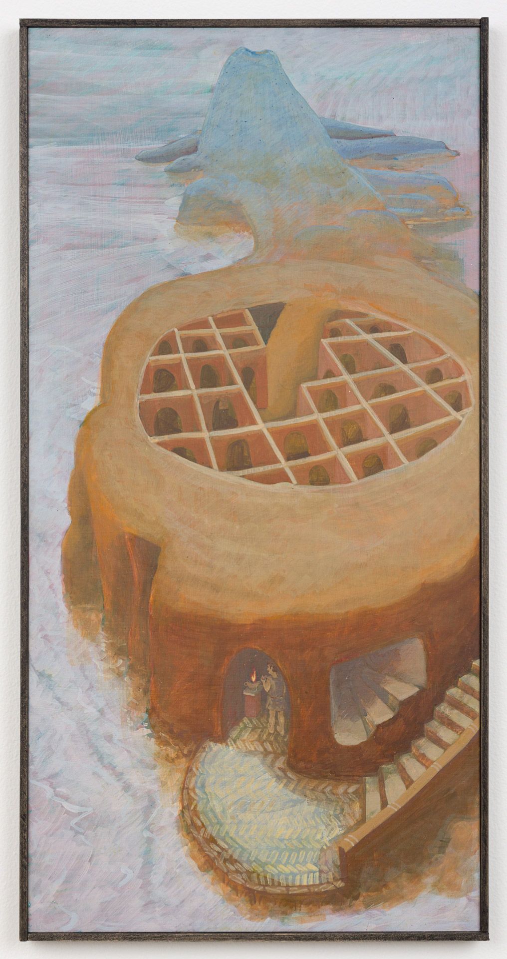 A painting of a house shaped like a pineapple with stairs leading up to it.