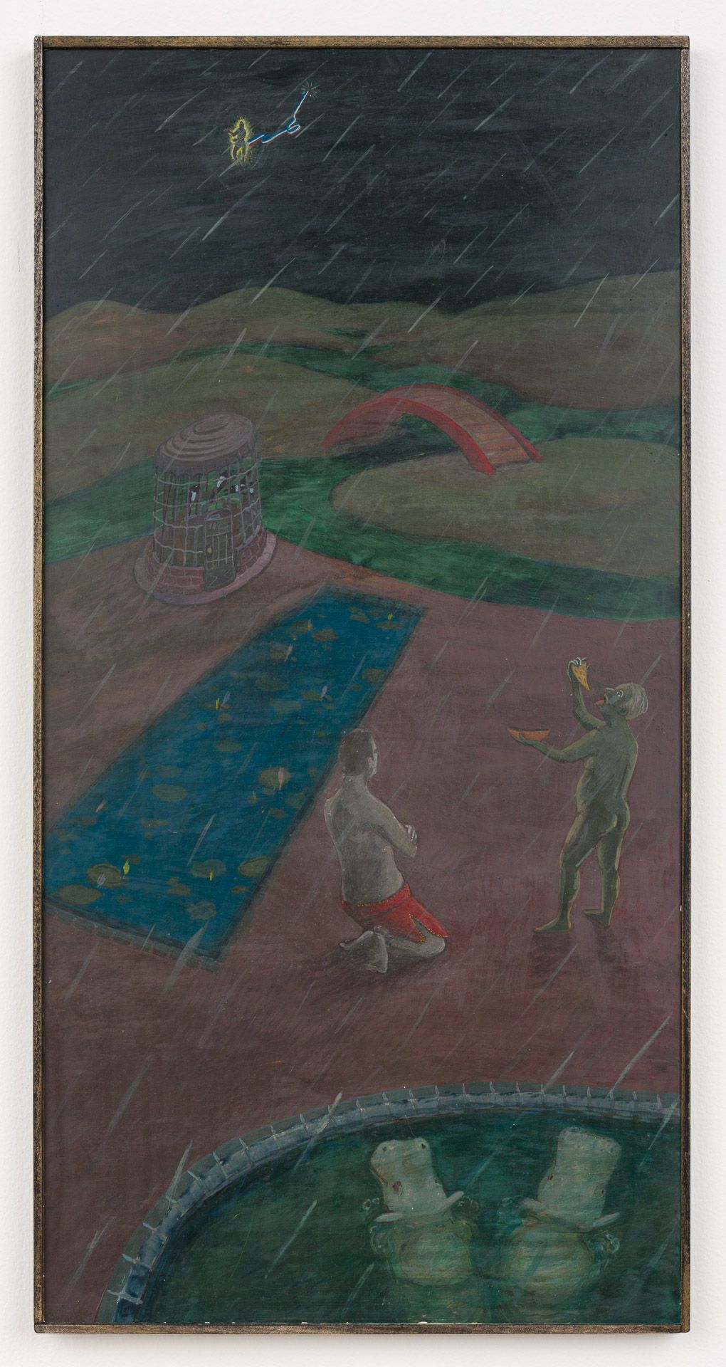 A painting of two people standing next to a pool in the rain.