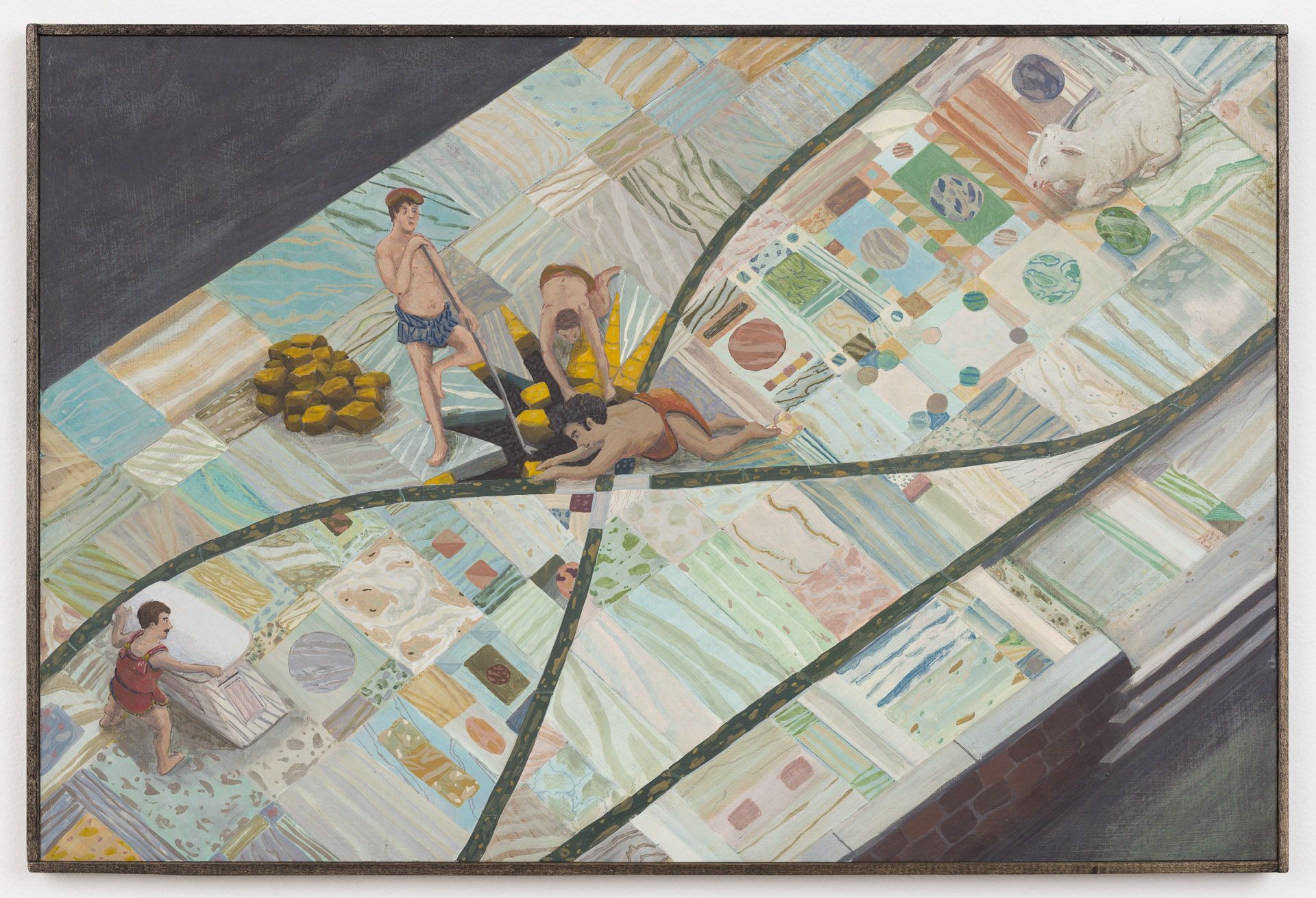 A painting of a man laying on a pile of money.