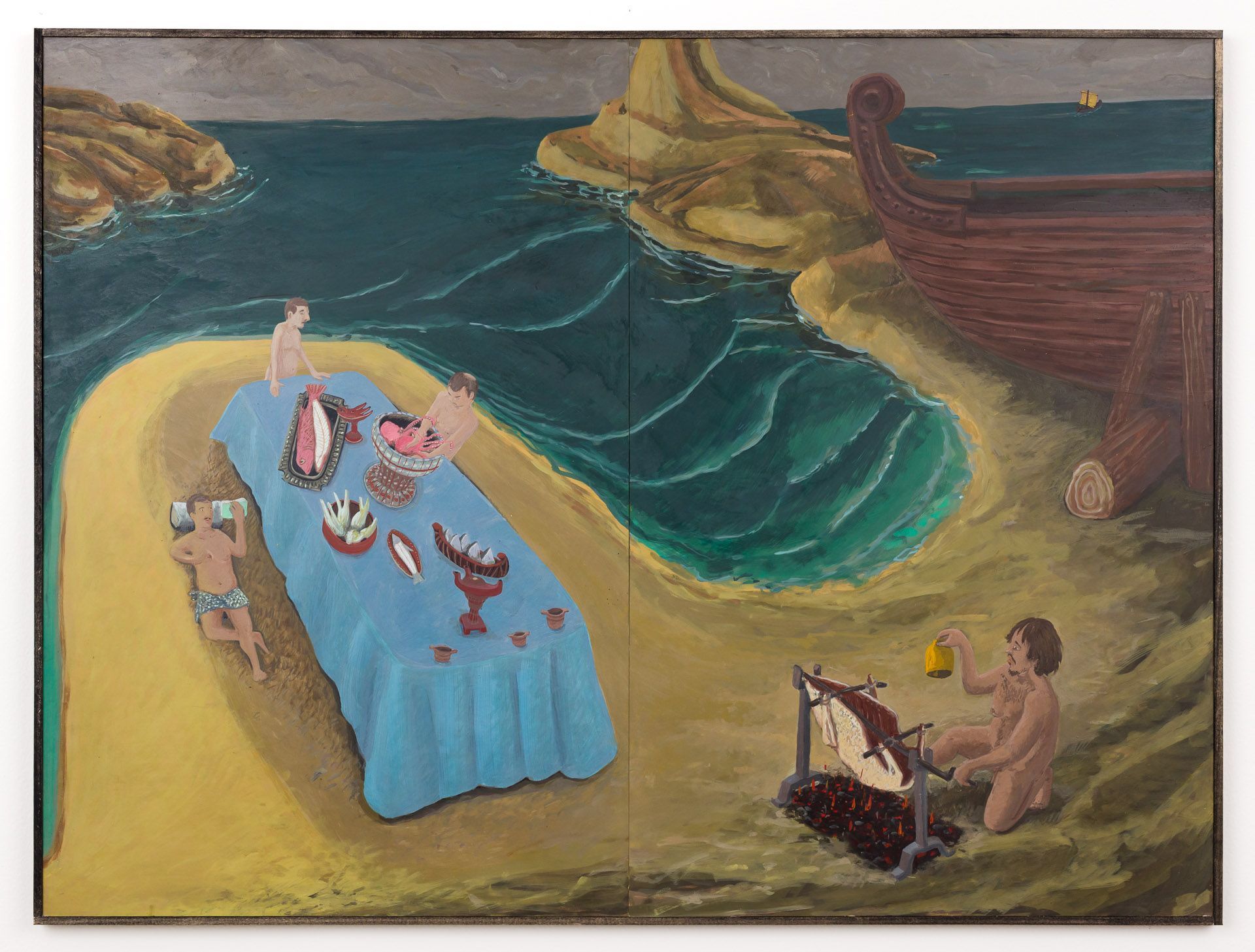 A painting of two people sitting at a table on a beach with a boat in the background.