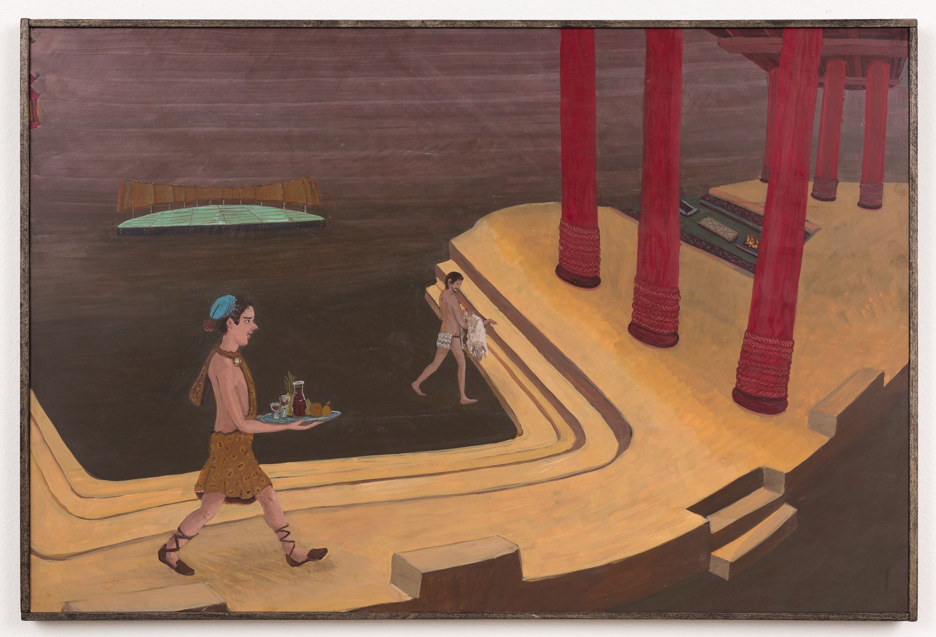 A painting of a woman carrying a tray of food in front of a pool.