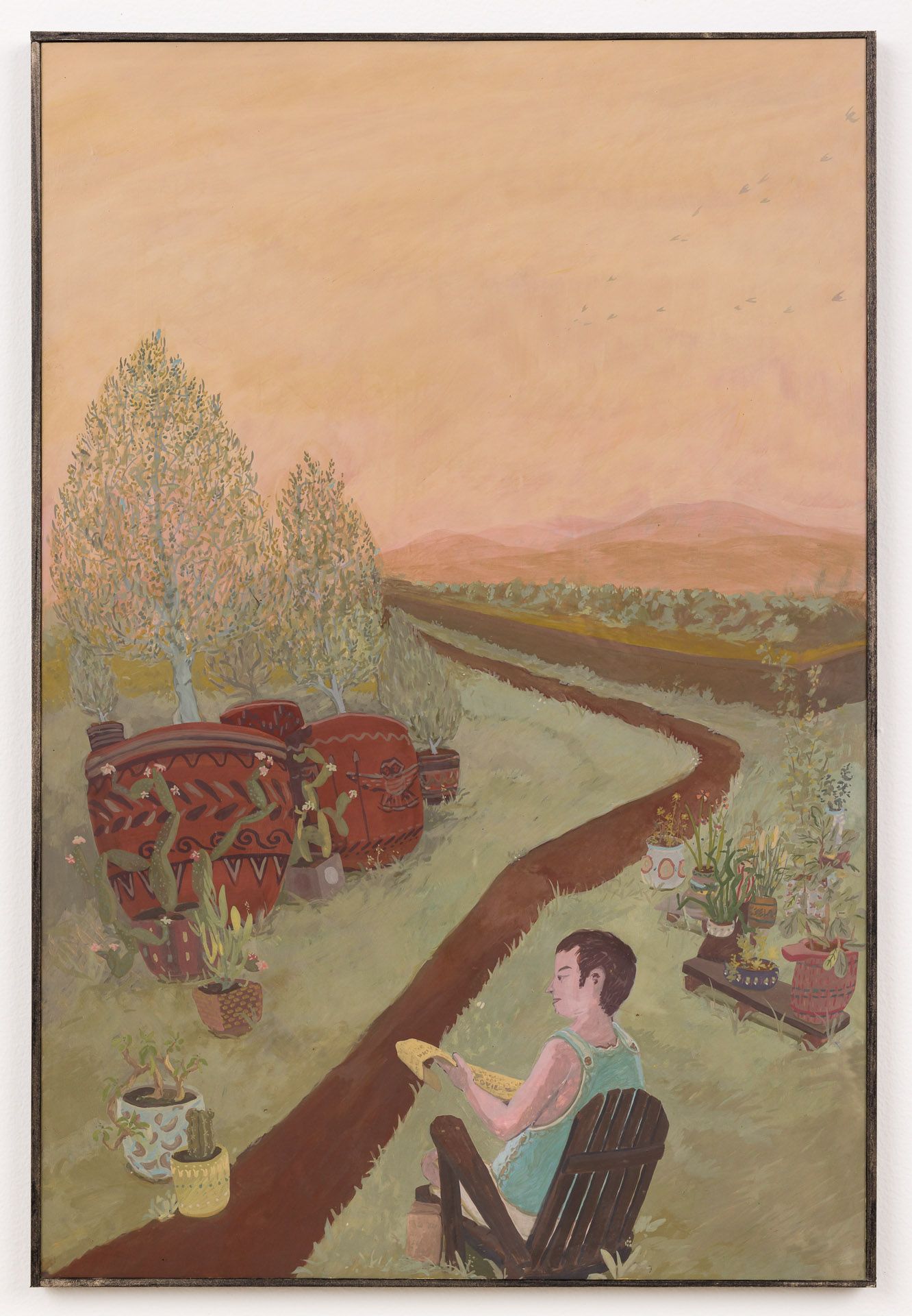 A painting of a man sitting in a chair on the side of a road.