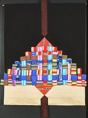 A painting of a pyramid made of colorful squares on a black background