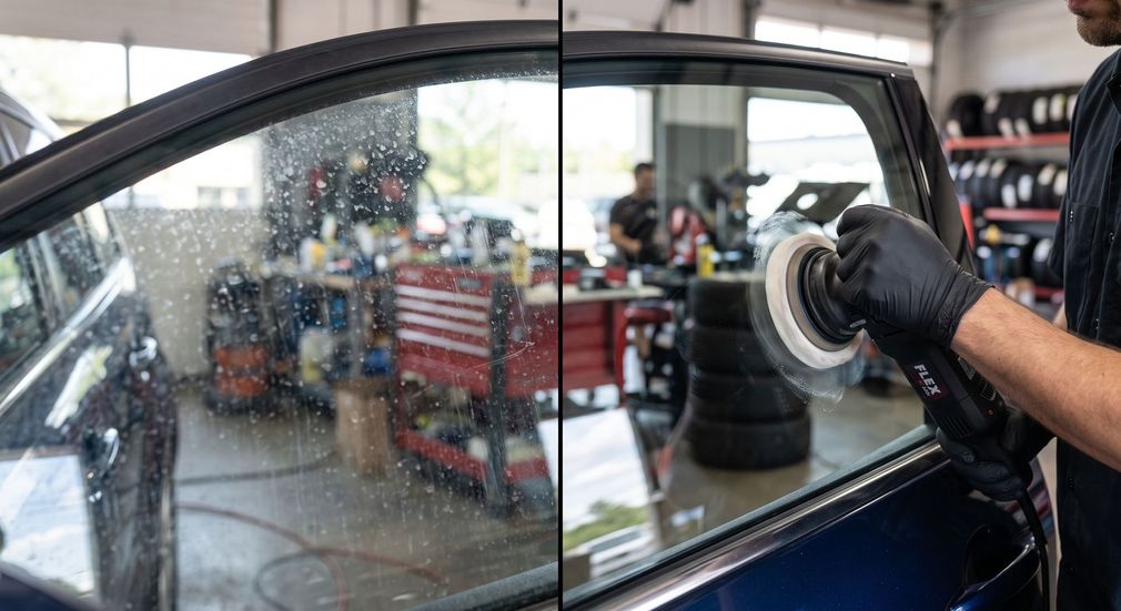 Person polishing a black car door window in an auto shop with a power buffer