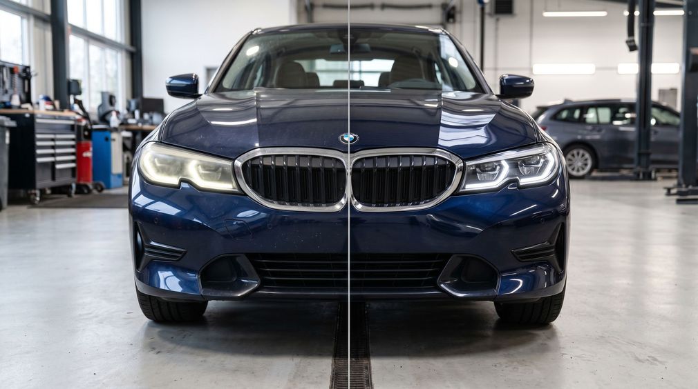 Blue BMW sedan in a garage, front view centered on a service lane