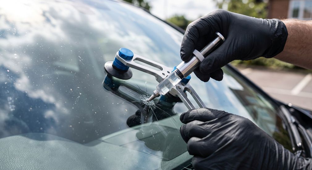 Gloved hands repair a cracked car windshield with a suction tool and injector.