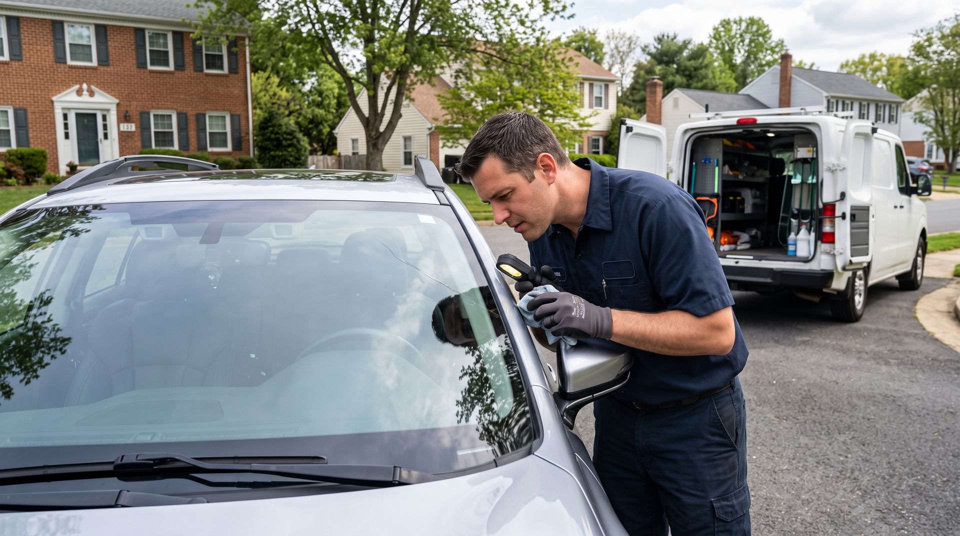 Mechanic inspecting a silver car’s windshield on a suburban street, with a service van nearby.