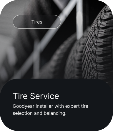 Tire service card with black-and-white tire photo and text: “Goodyear installer with expert tire selection and balancing.” | Dewitt's Automotive Center