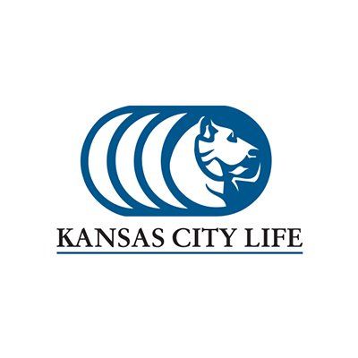 Kansas City Life Insurance logo: blue oval with a tiger head and striped oval, text 