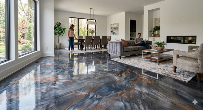 Modern metallic epoxy living room floor.
