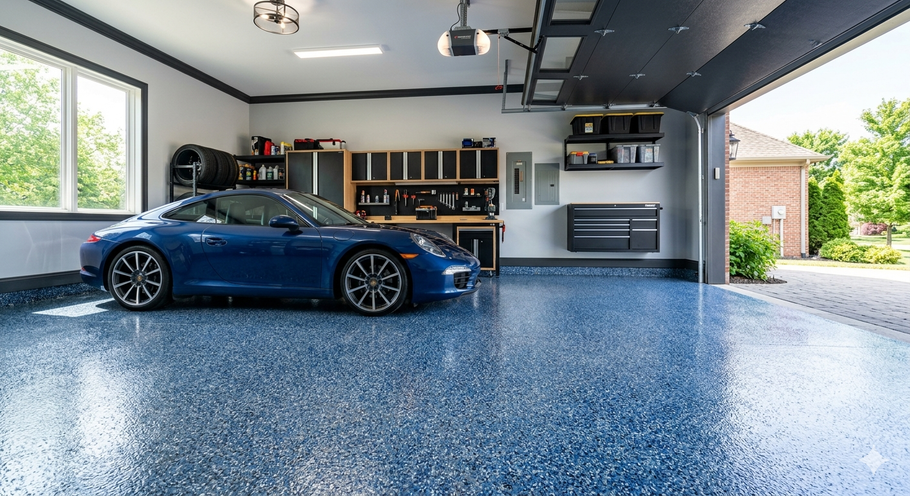 Blue flake epoxy garage floor coating.