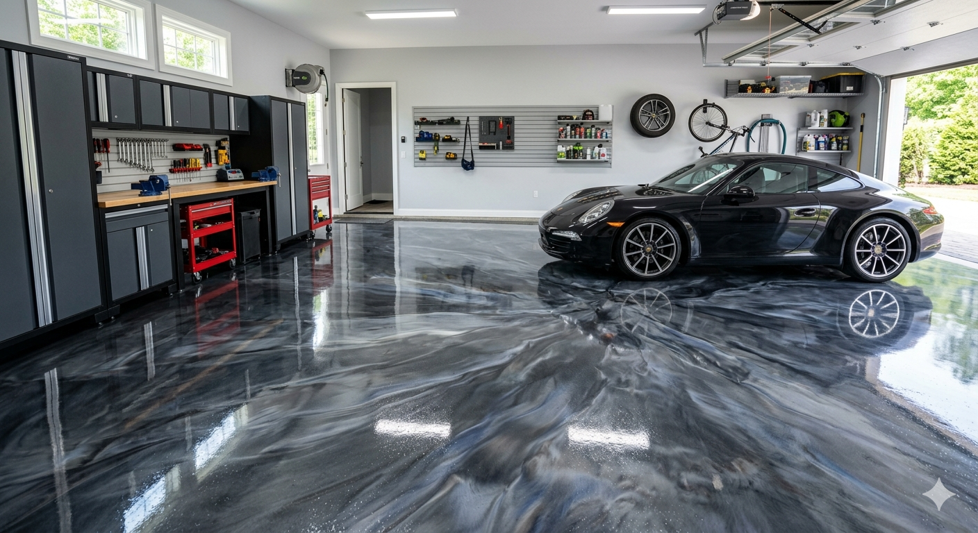 Black and silver metallic epoxy garage floor.