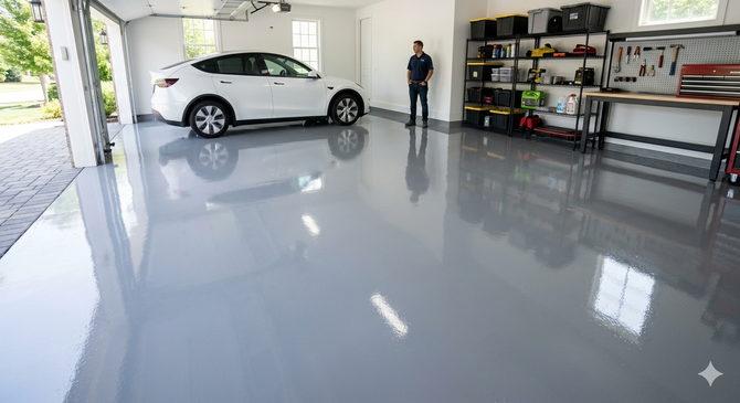 Glossy grey solid color epoxy garage floor.