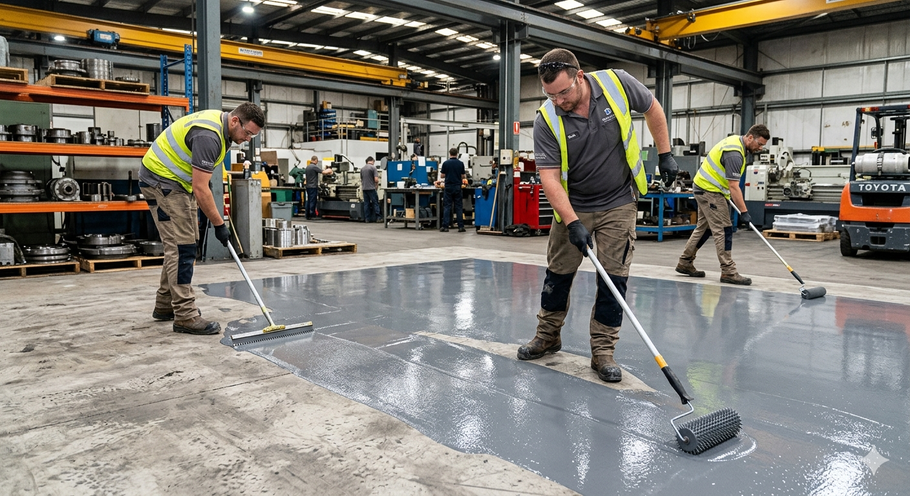 Industrial epoxy floor coating installation.